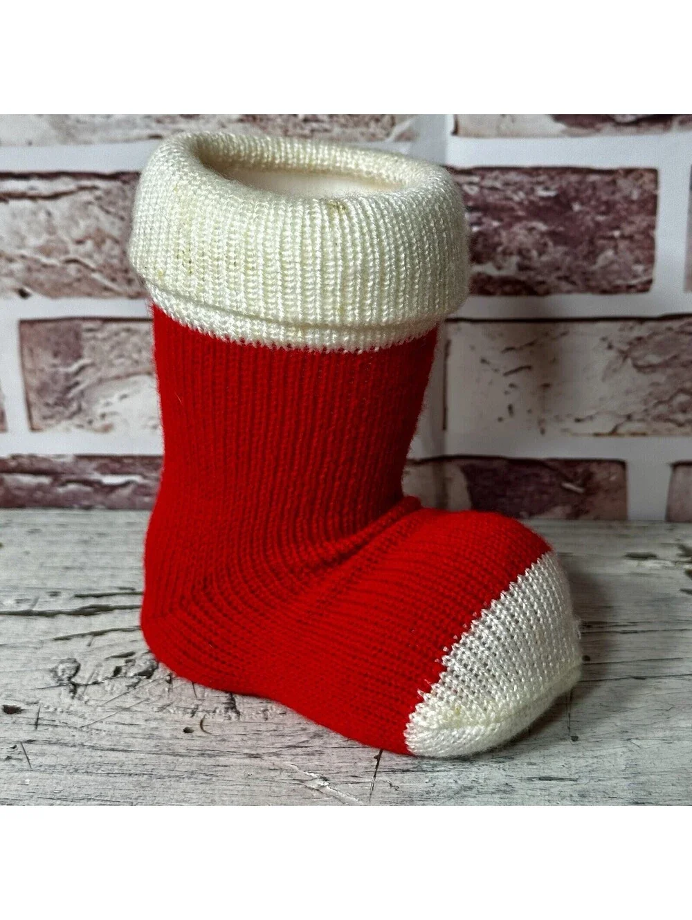VTG Christmas Blow Mold Boot Container Stocking Santa Claus Knit Sock 5” x 4.5”